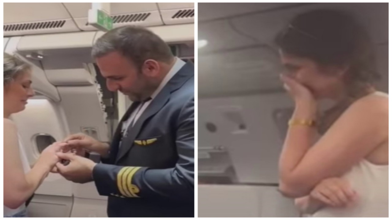 طيار عربي يفاجأ حبيبته ويطلب الزواج منها أمام الركاب.. فيديو