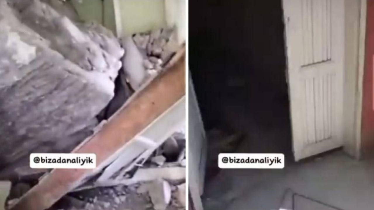 صخرة ضخمة تقتحم أحد البيوت بعد زلزال أضنة بتركيا – فيديو