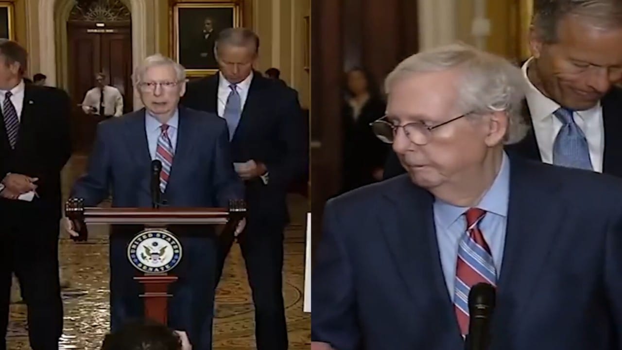 لحظة تجمد زعيم الجمهوريين بالشيوخ الأمريكي بمؤتمر صحفي.. فيديو