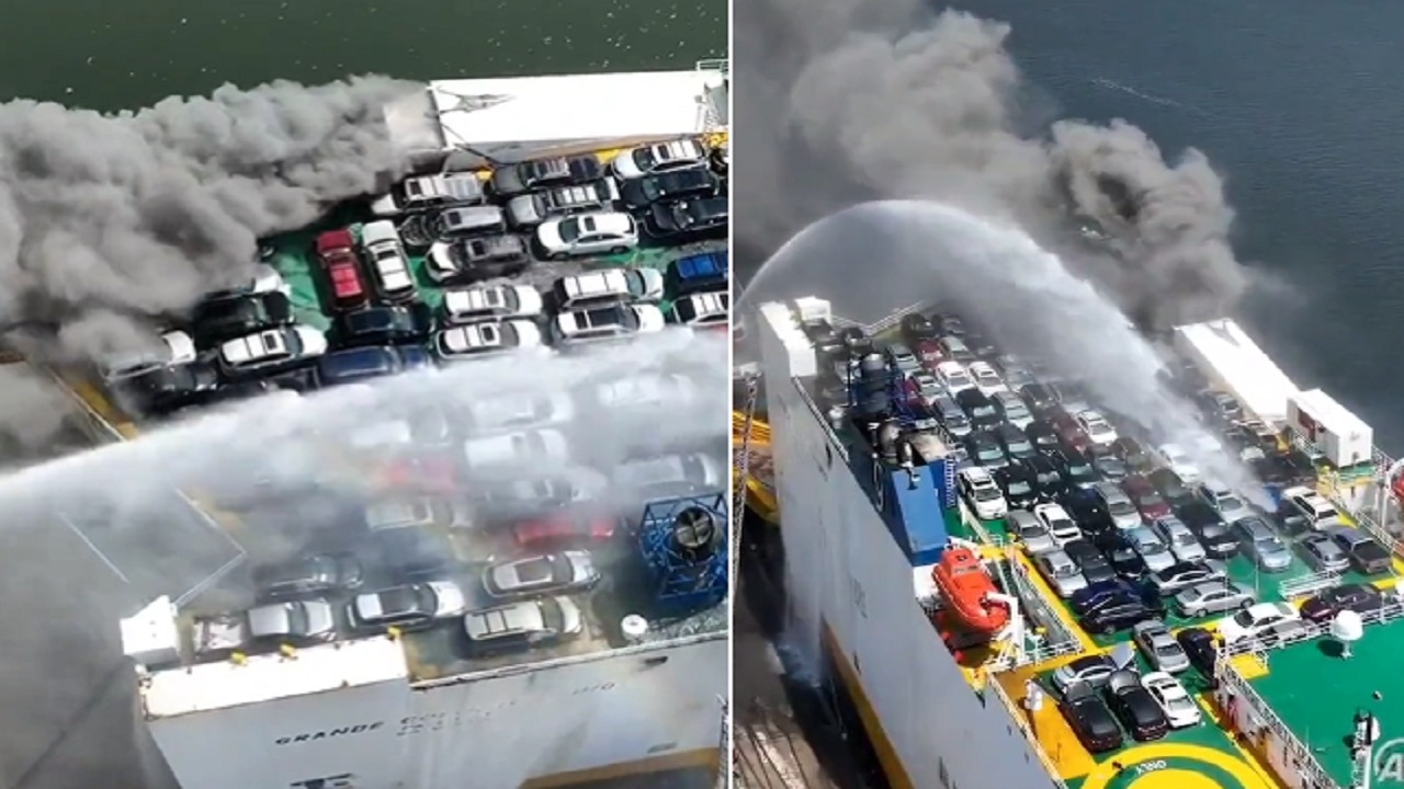 حريق ضخم في سفينة محملة بـ 1200 مركبة.. فيديو