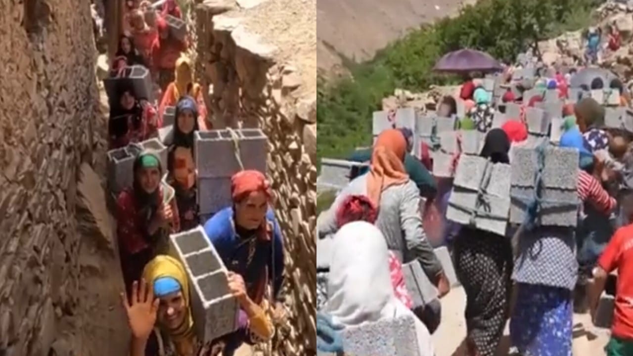 مغربيات يحملن الحجارة فوق ظهورهن للمساهمة في بناء مسجد.. فيديو