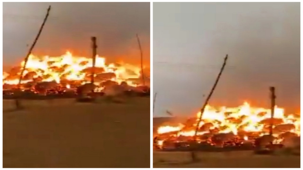 مشهد مفزع لصاعقة رعدية تحرق كمية من الأعلاف في مكة .. فيديو