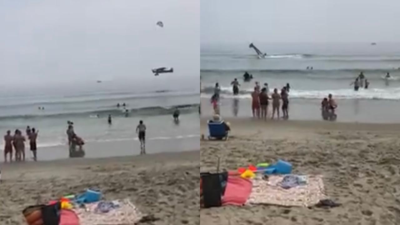مشهد يحبس الأنفاس لتحطم طائرة على شاطئ مزدحم بالبشر .. فيديو