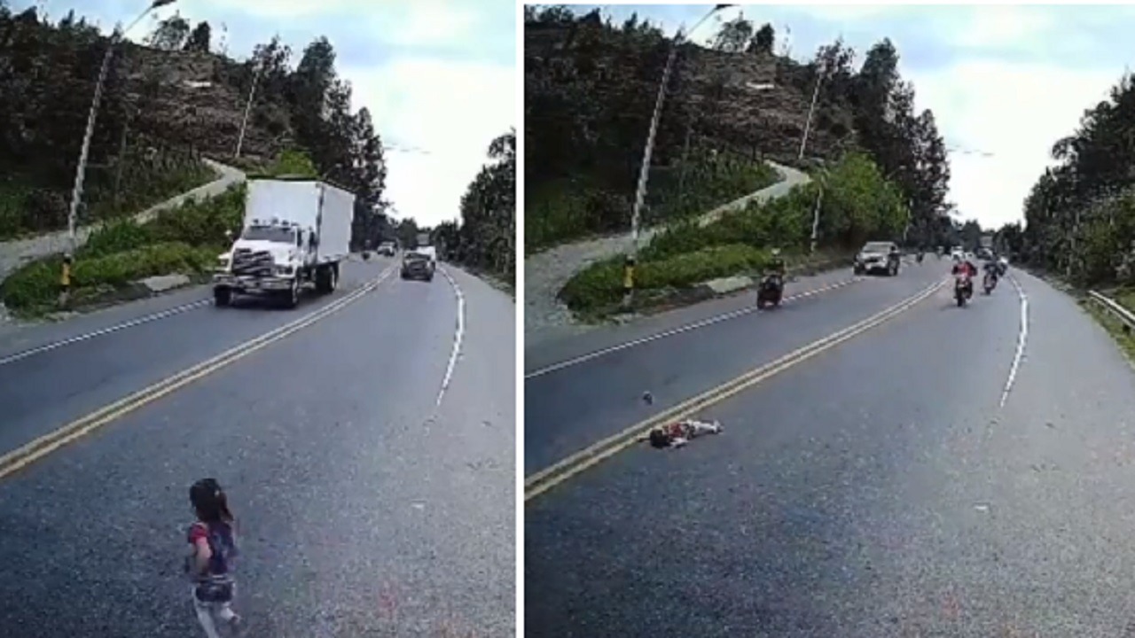 طفلة تنجو من الدهس تحت عجلات شاحنة .. فيديو