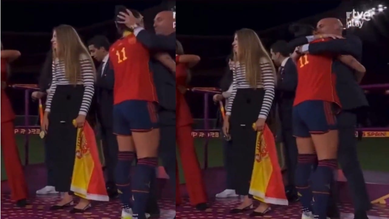 رئيس الاتحاد الإسباني يحتضن لاعبة بقوة ويقبلها بعد الفوز بكأس العالم .. فيديو