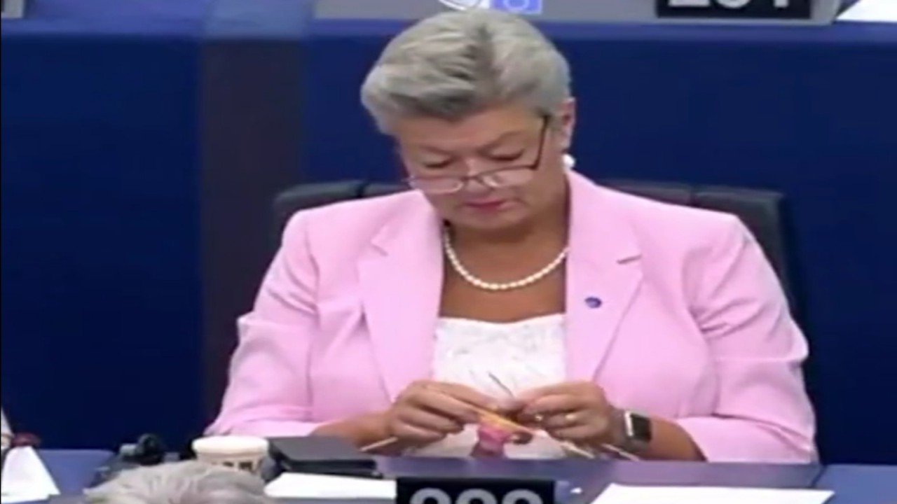 إيلفا يوهانسون تقوم بحياكة الملابس أثناء خطاب رئيسة المفوضية الأوروبية.. فيديو