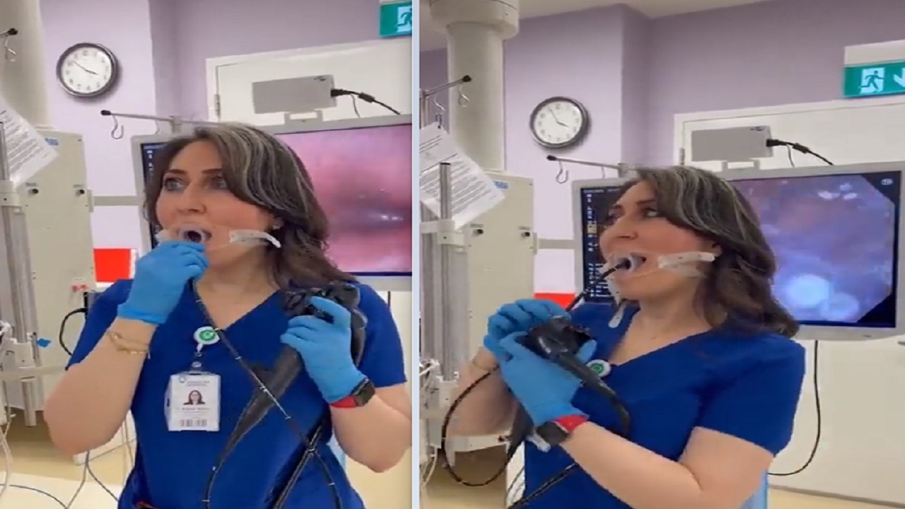 طبيبة تجري منظار علوي للجهاز الهضمي لنفسها .. فيديو