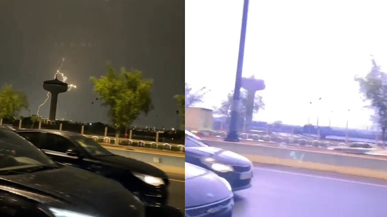 البرق يضرب برج المياه في المدينة المنورة .. فيديو