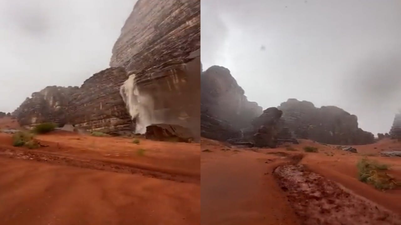 جريان السيول بين الجبال والرمال في تبوك يخطف الأنظار .. فيديو