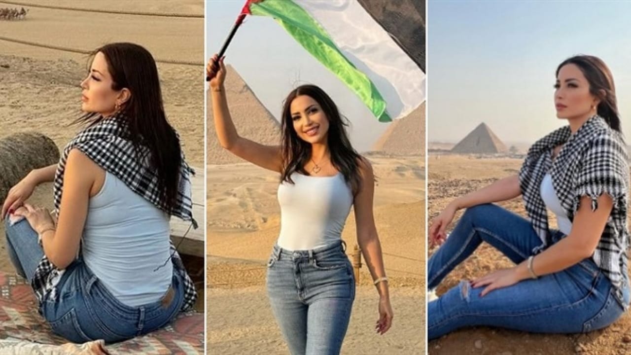 نسرين طافش ترفع علم فلسطين من أمام الأهرامات