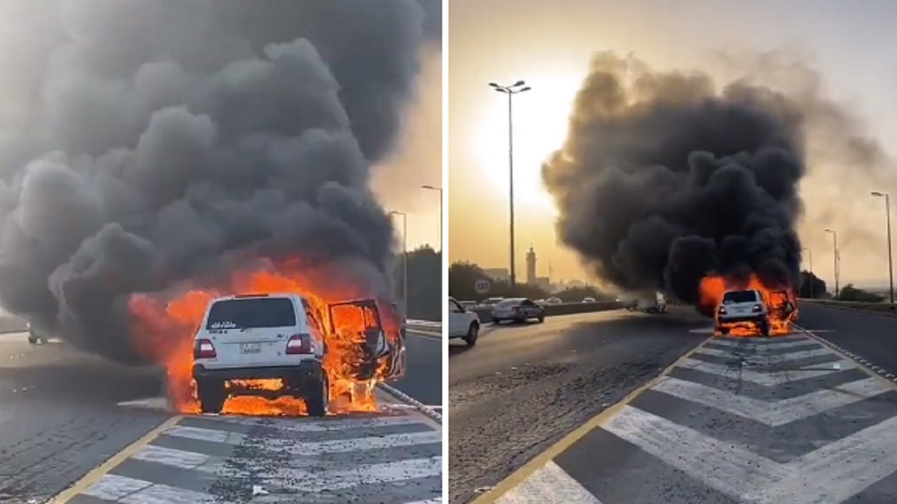 شاب يبكي بحرقة بعد اشتعال سيارته وسط الطريق.. فيديو