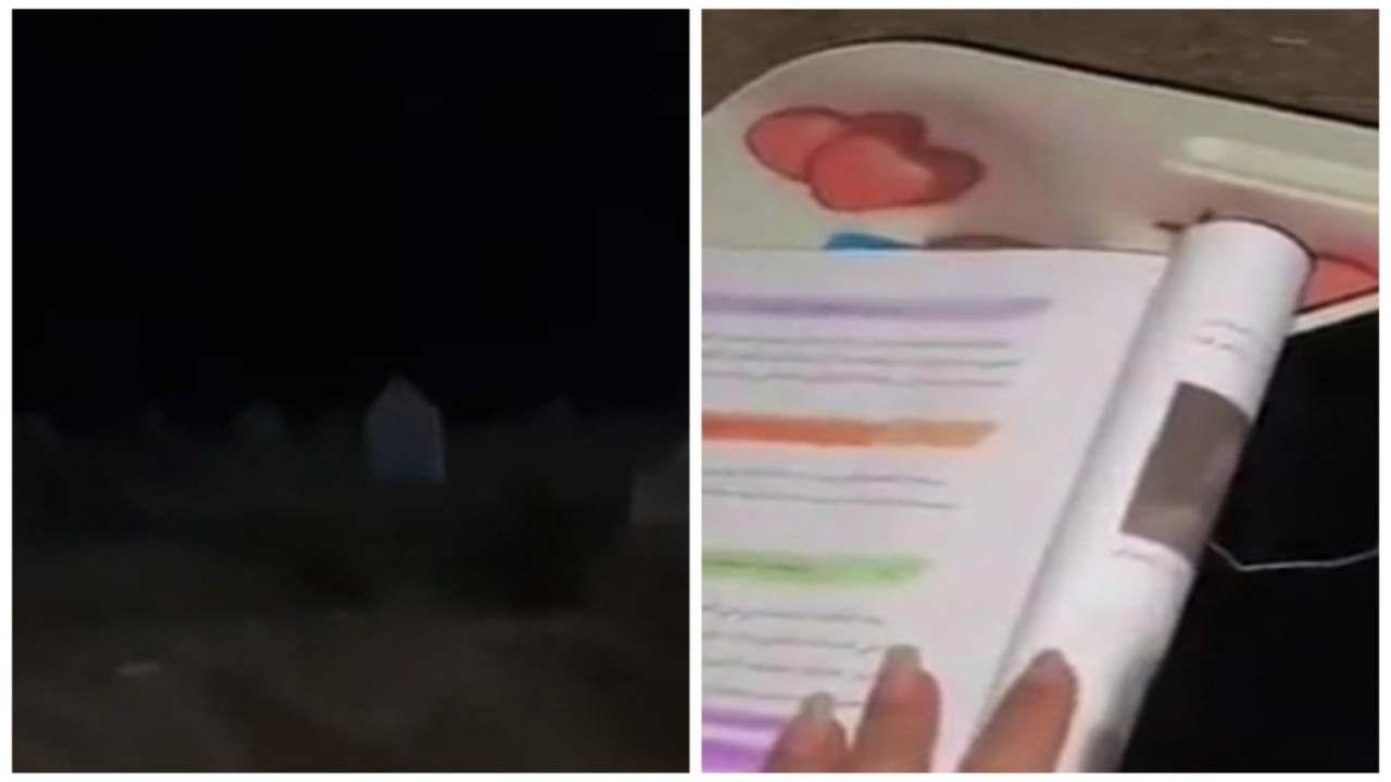 مشهد مريب لفتاة تحمل كتبها وتدرس داخل المقابر ليلاً .. فيديو