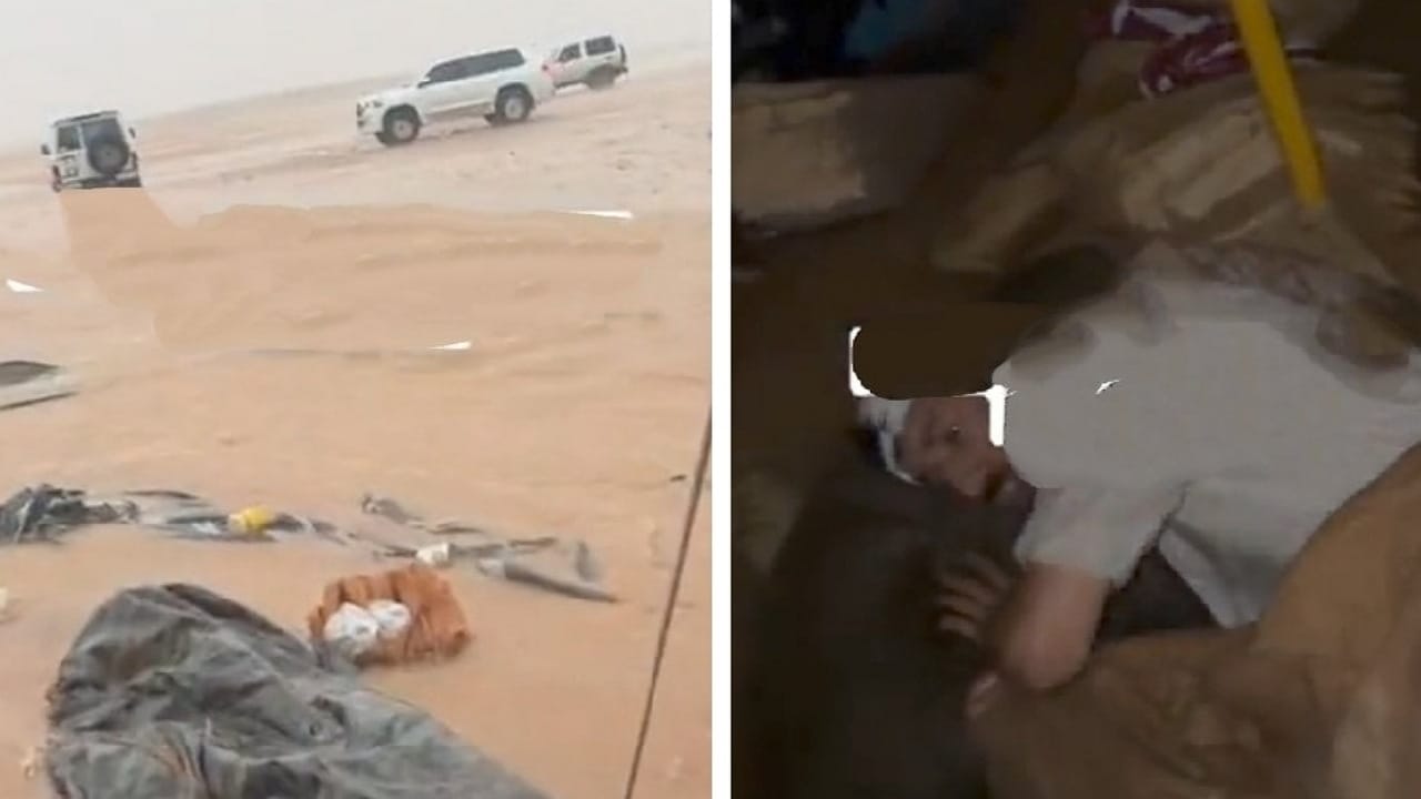 شاب يكمل نومه داخل خيمة غامرة في مياه السيول.. فيديو