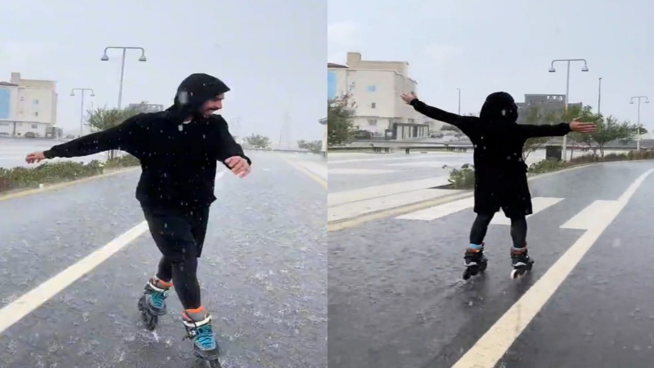 شاب يتزلج تحت المطر في المدينة المنورة.. فيديو