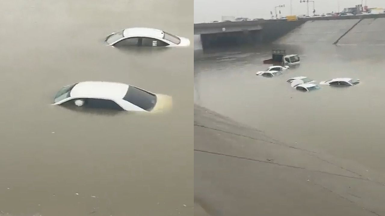 غرق بعض السيارات في‏ أحد أنفاق الدمام بسبب السيول .. فيديو ‬⁩