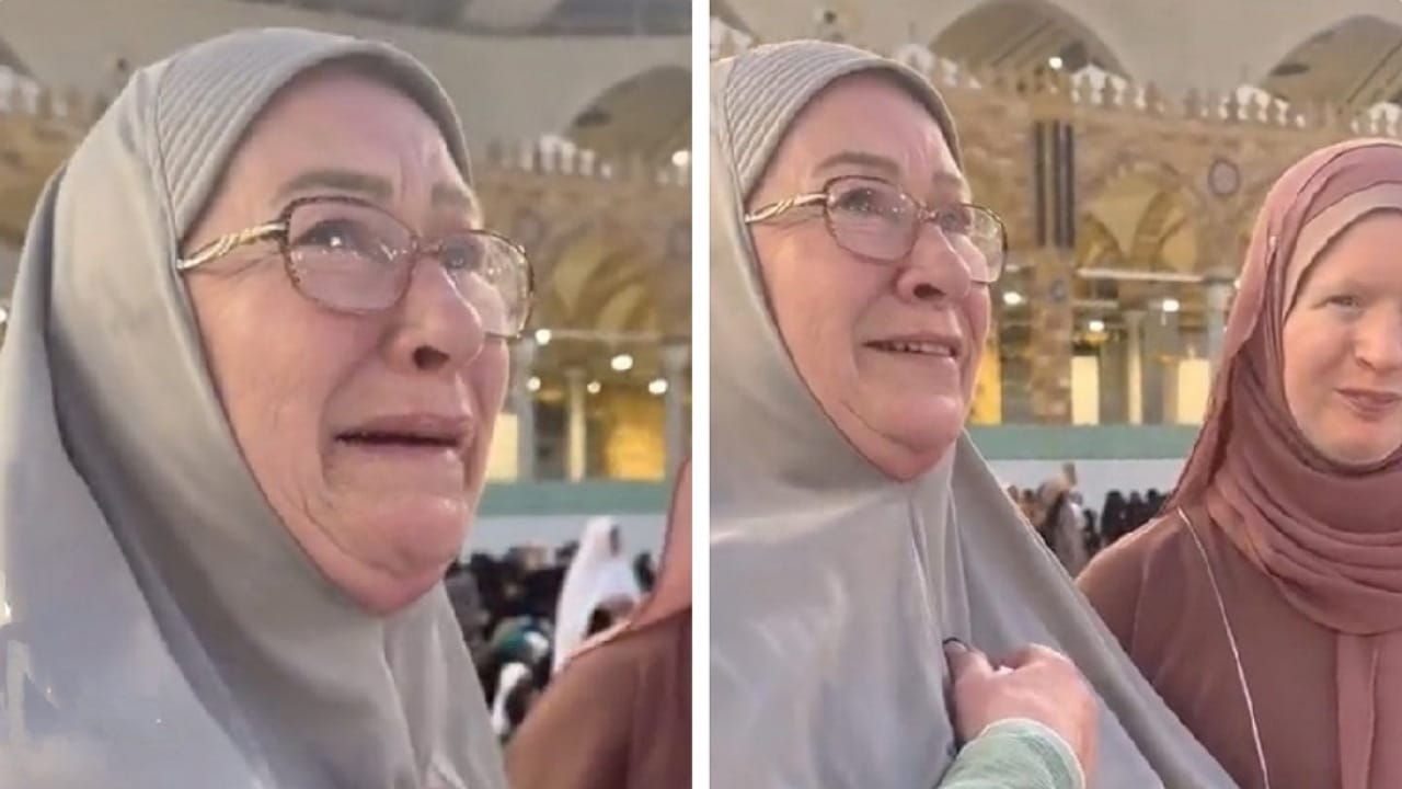 سيدة بريطانية تبكي لحظة سماعها الآذان في الحرم المكي.. فيديو