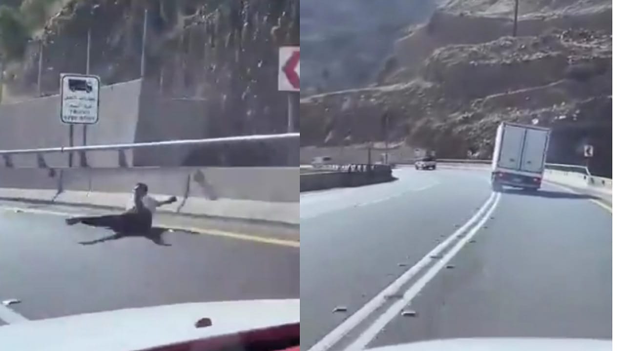 سائق يقفز من شاحنة قبل إنقلابها في عسير..فيديو