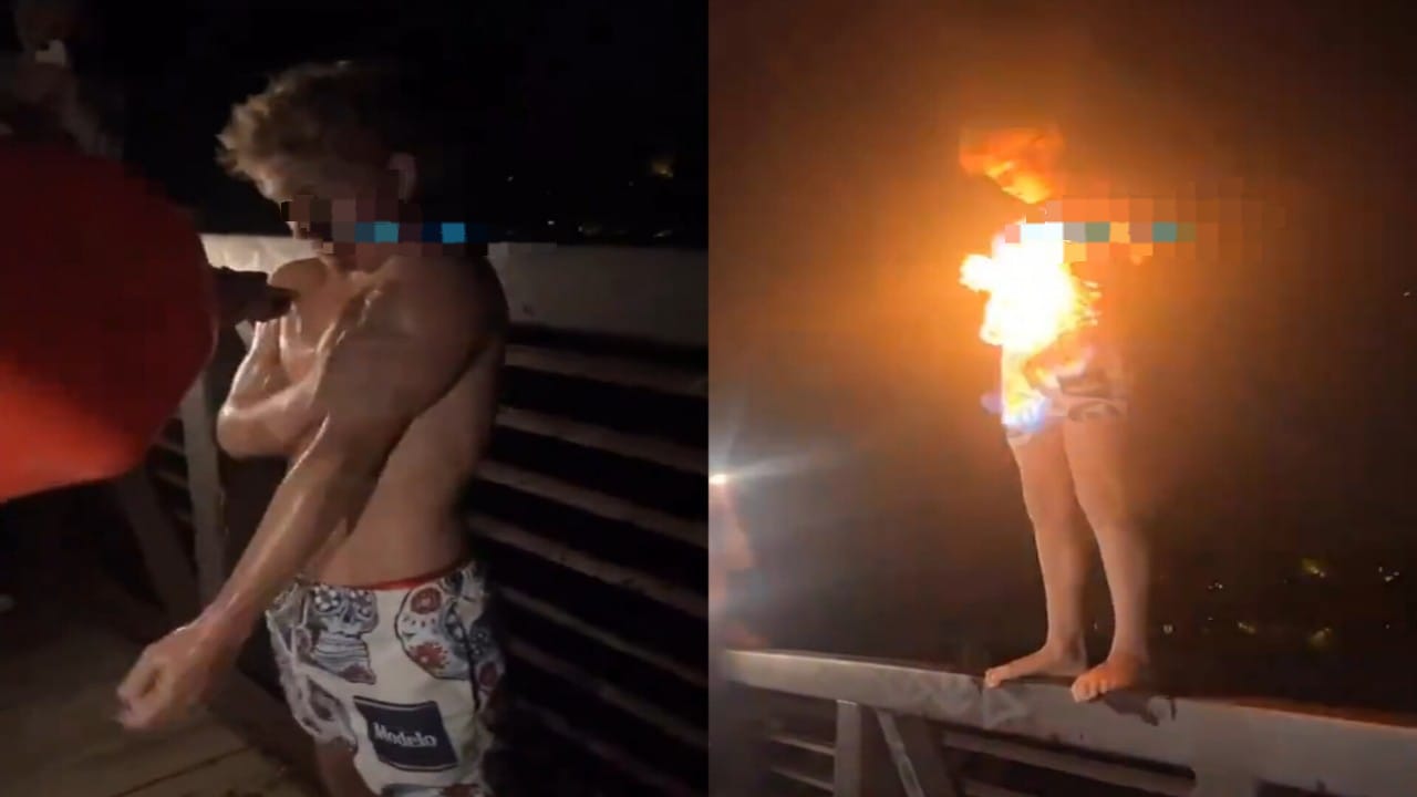 شاب يشعل النار في جسده ويقفز في البحر .. فيديو