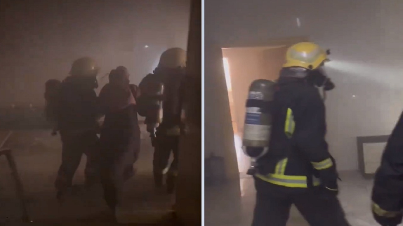 لحظة إخماد حريق في عمارة سكنية داخل حي الوزارات .. فيديو