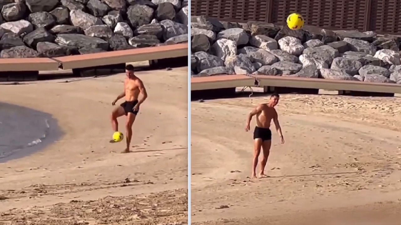 رونالدو يلعب الكرة على الشاطىء في دبي .. فيديو