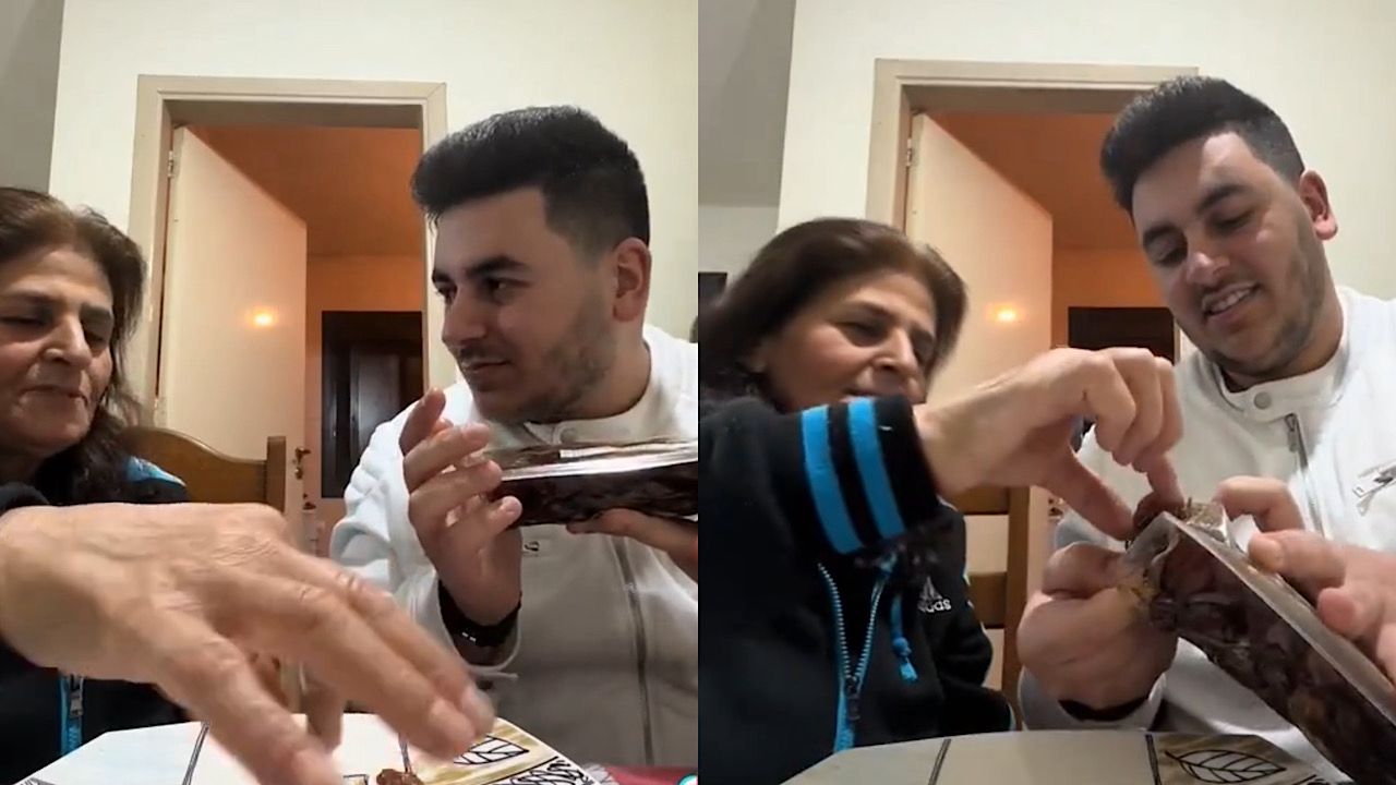 شاب لبناني يقوم بتجربة التمر السعودي لأول مرة مع والدته .. فيديو