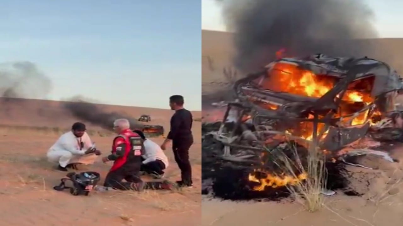 شباب سعوديون يساعدون متسابقا في رالي داكار احترقت سيارته .. فيديو