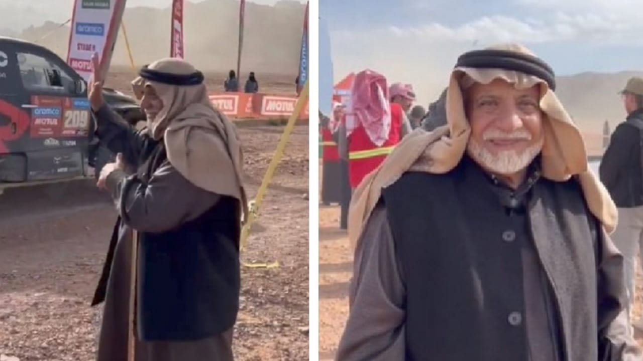 مسن سعودي يقطع 80 كم ليشجع المتسابقين في رالي داكار بعد وصولهم حائل .. فيديو