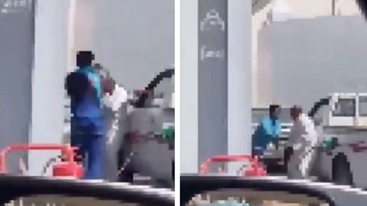 مشاجرة عنيفة بين عاملين وصاحب سيارة داخل محطة وقود..فيديو