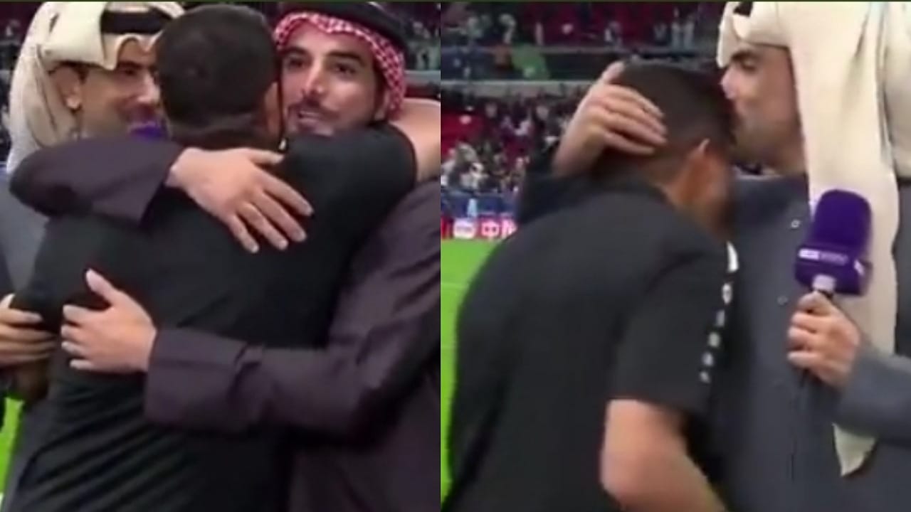 مذيع قطري يُقبل رأس مدرب الأردن على الهواء .. فيديو