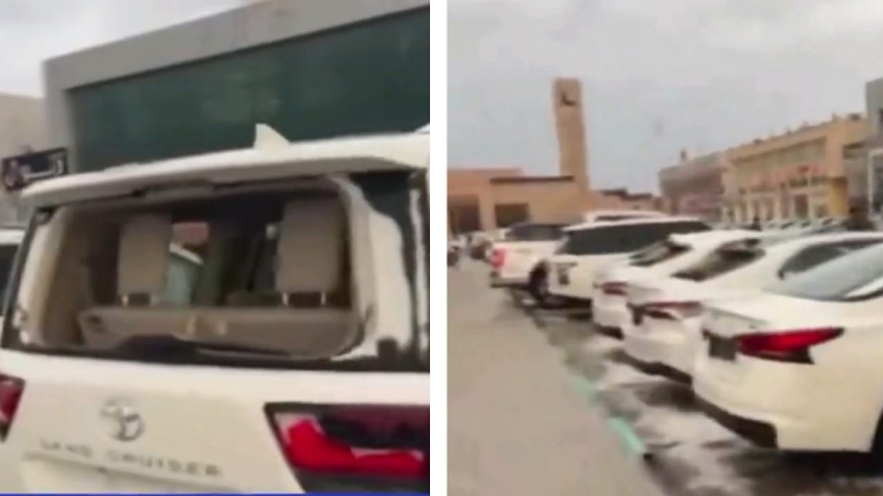 عاصفة برد تدمر عدة سيارات بالإمارات وصاحب المعرض يُعلق..فيديو