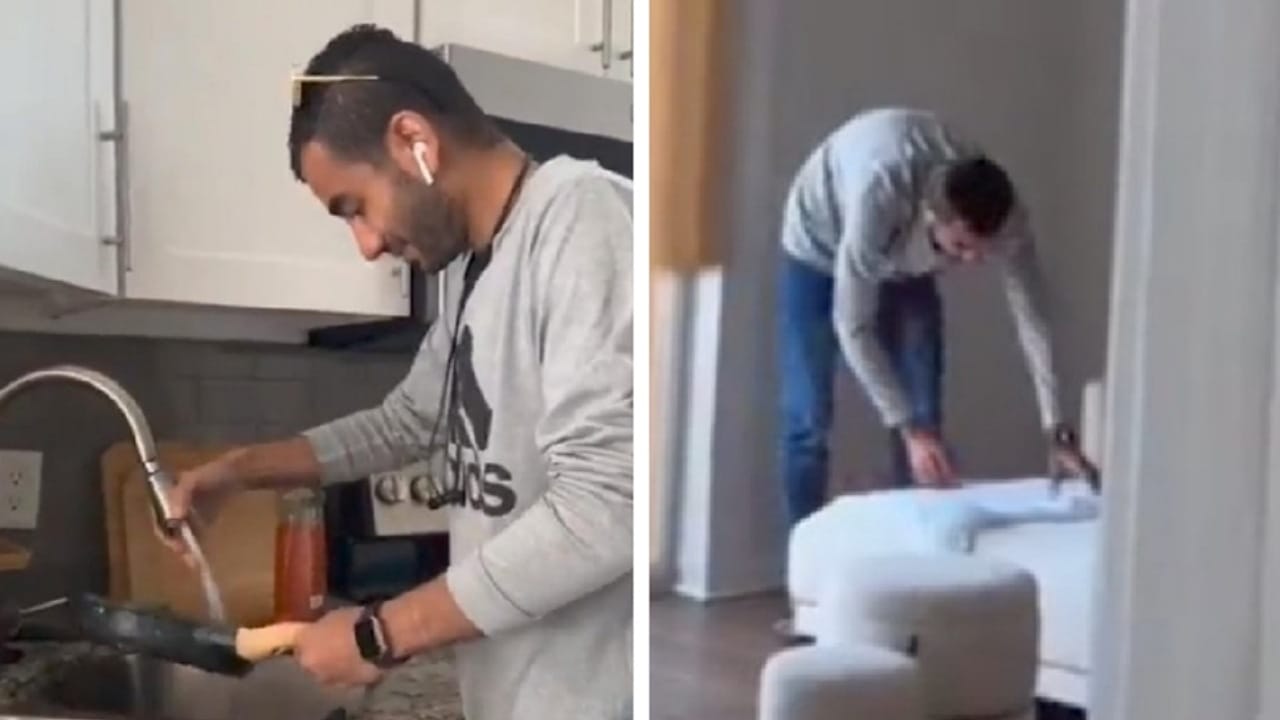 امرأة تصور زوجها أثناء قيامه بالأعمال المنزلية بمفرده.. فيديو