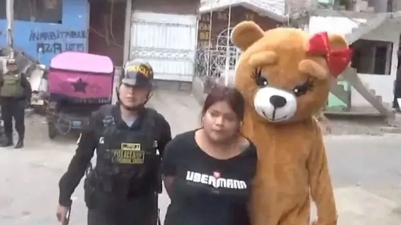 ضابط بزي دب في عيد الحب يستدرج تاجرة مخدرات في بيرو .. فيديو