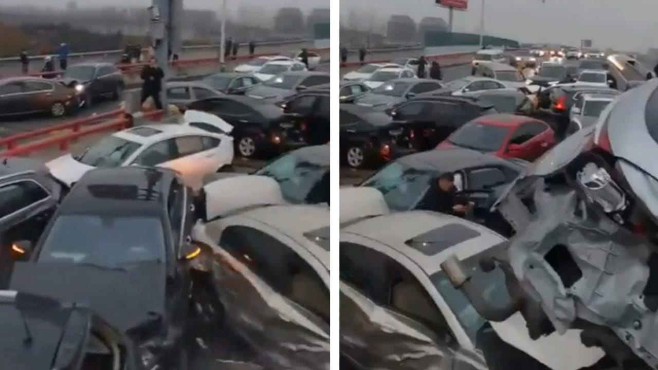 تصادم أكثر من 100 سيارة على طريق سريع بالصين .. فيديو