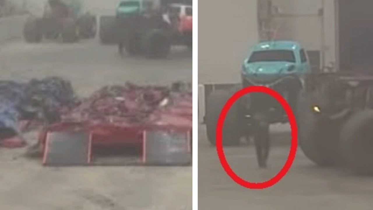 لحظة دهس عامل أثناء استعراض أحد الشاحنات العملاقة في أمريكا .. فيديو