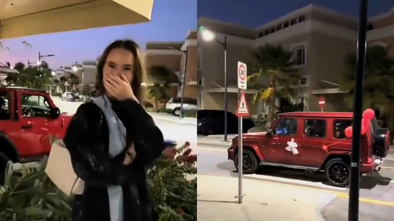 شاب يهدي زوجته البريطانية سيارة مرسيدس جي كلاس .. فيديو