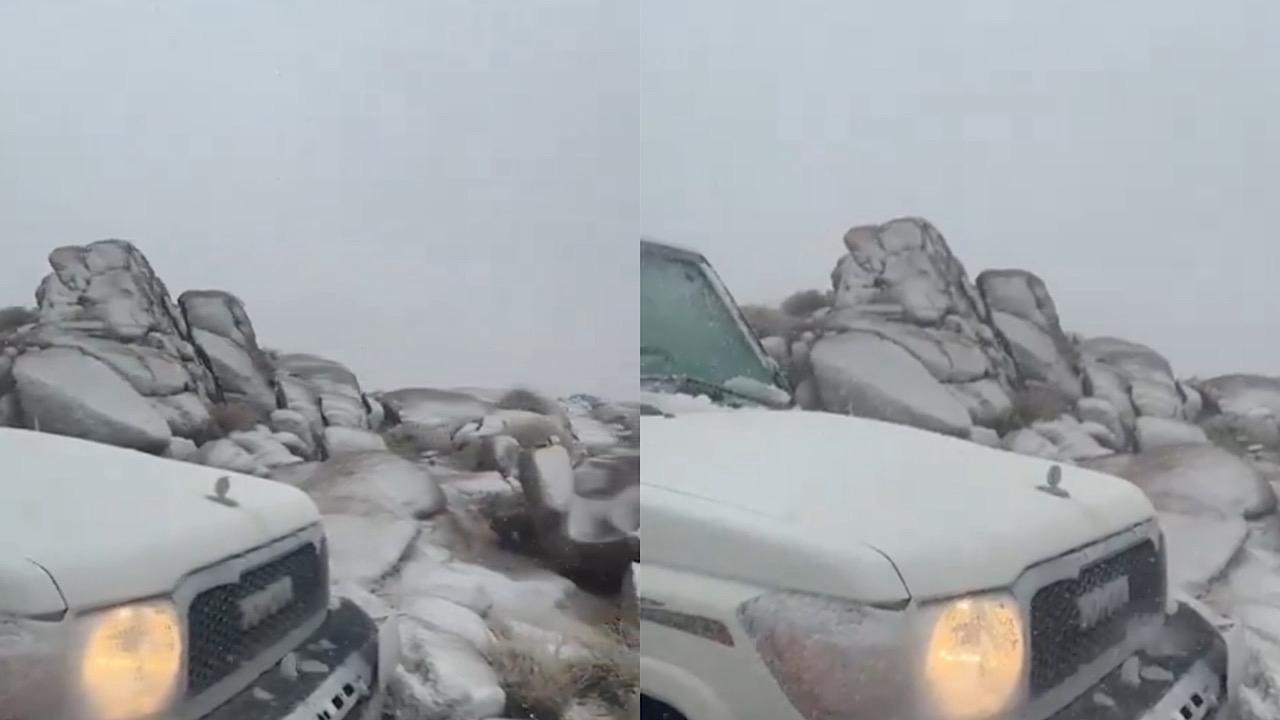 الثلوج تتربع على جبل اللوز بتبوك وتحوله إلى لوحة بيضاء .. فيديو