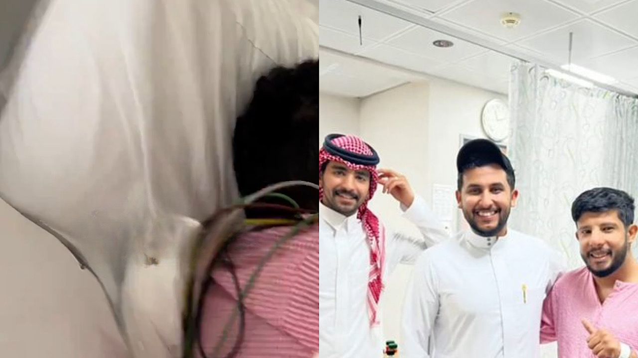 نايف حمدان يزور مريض بأحد المستشفيات ويهديه خوذة الجنود .. فيديو