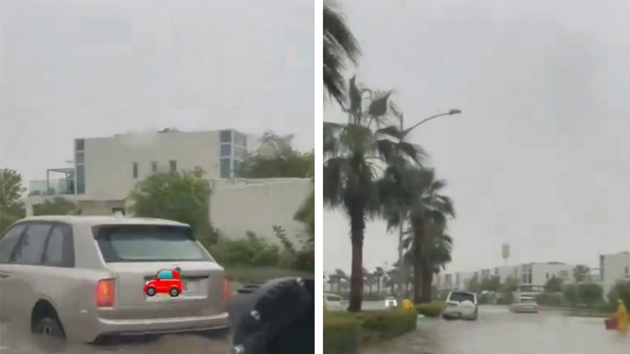 صاحب سيارة لاندكروزر يستعرض قوة سيارته أثناء غرق شوارع دبي .. فيديو