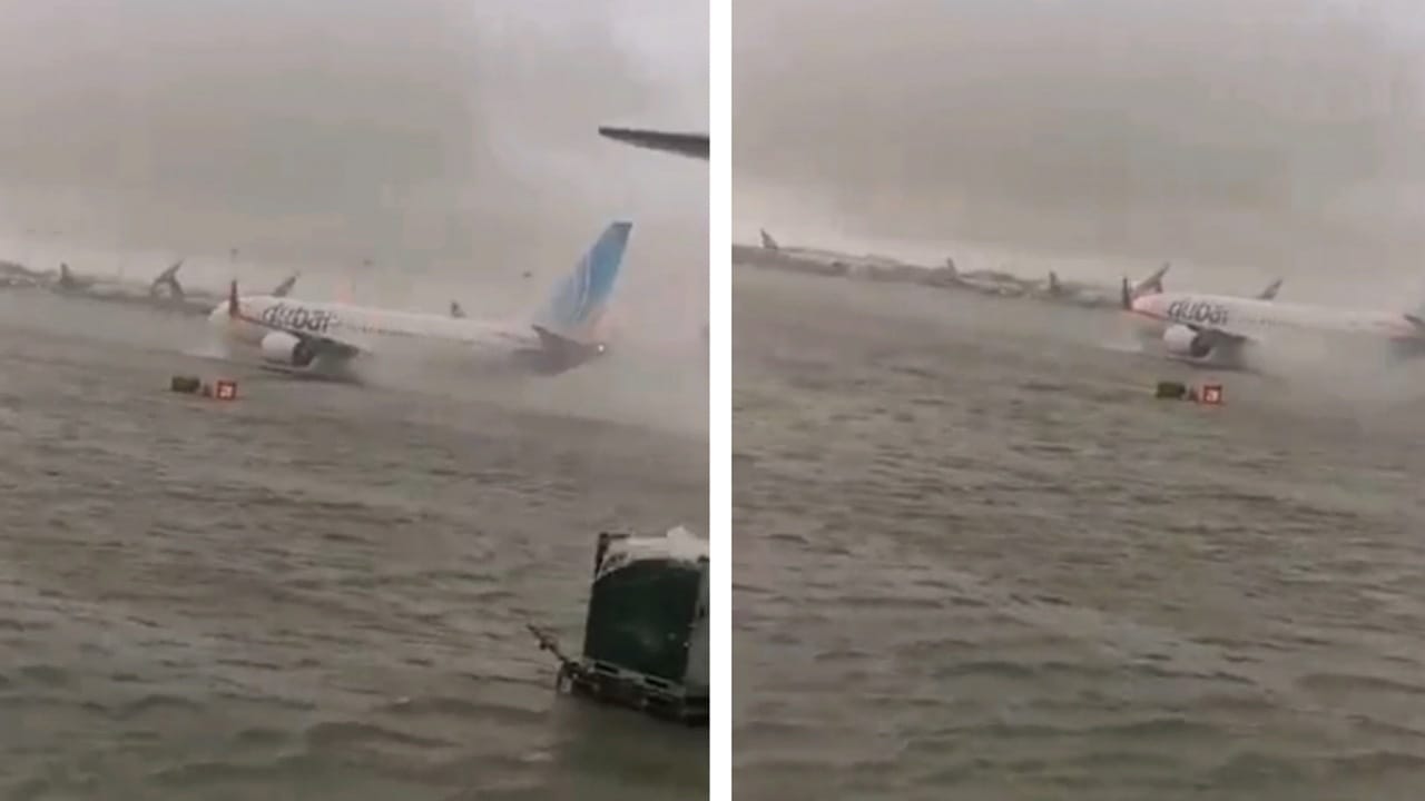 الطائرات تسبح في مياه الفيضانات بمطار دبي الدولي &#8230; فيديو