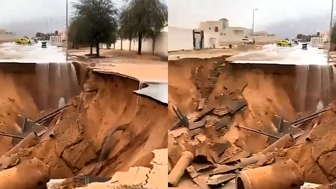هبوط أرضي بمدينة العين الإماراتية بعد هطول أمطار غزيرة  ..  فيديو