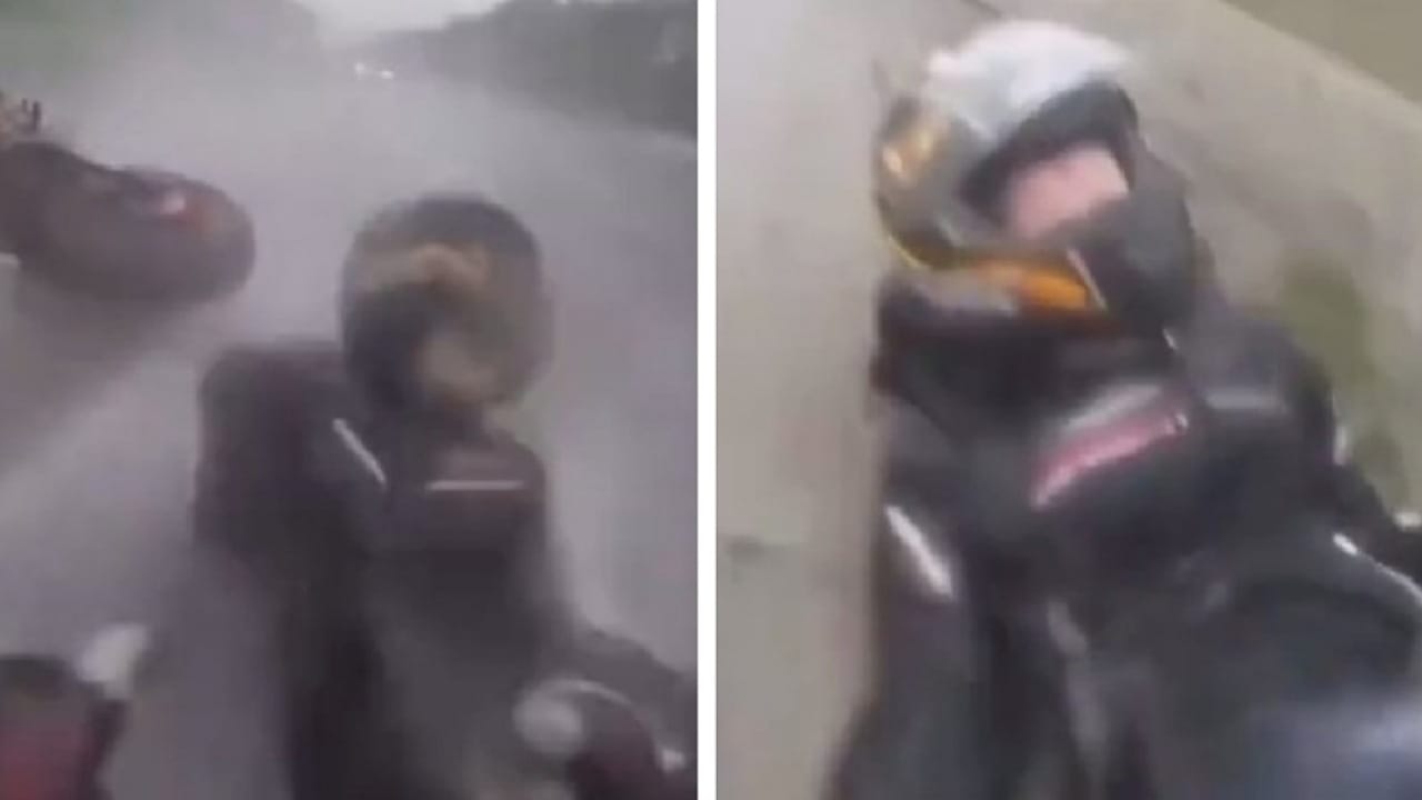 زوج يركز على حماية زوجته من الارتطام بعدما سقطا من على دراجة نارية .. فيديو