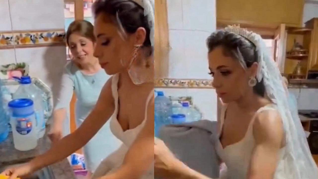 أم تجبر ابنتها على غسل الأطباق في ليلة زفافها .. فيديو