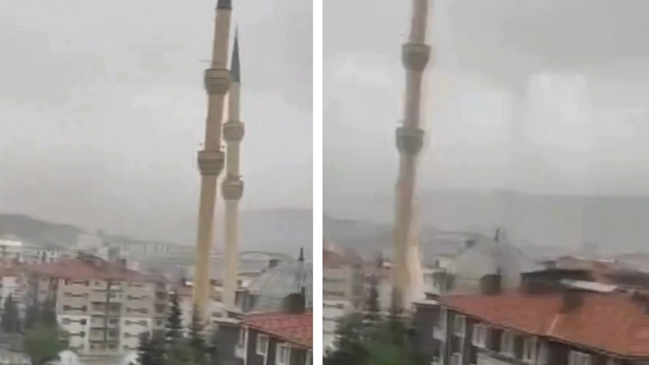 رياح قوية تُسقط مئذنة مسجد في تركيا .. فيديو