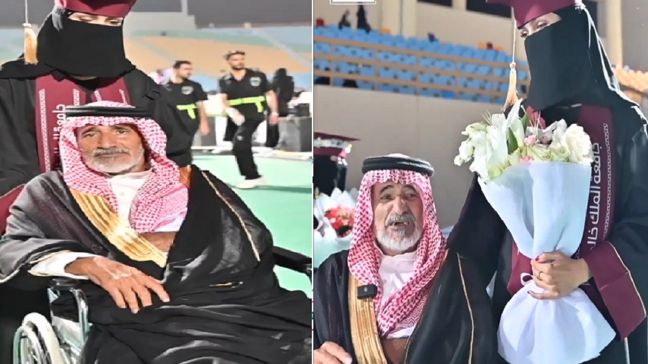 أب مقعد يشارك ابنته الفرحة في حفل التخرج بجامعة الملك خالد.. فيديو