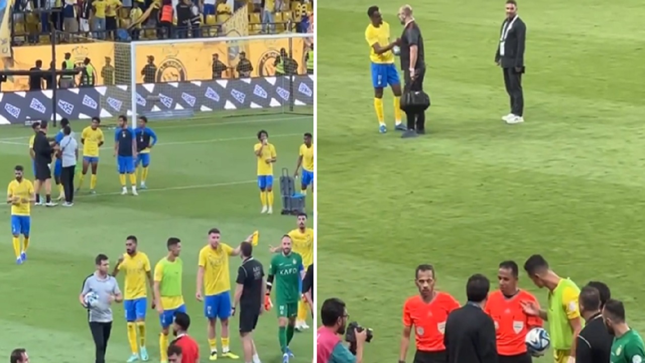 ردة فعل الحكم على طلب رونالدو إعطاء كرة الهاتريك للجهاز الإداري بـالنصر .. فيديو