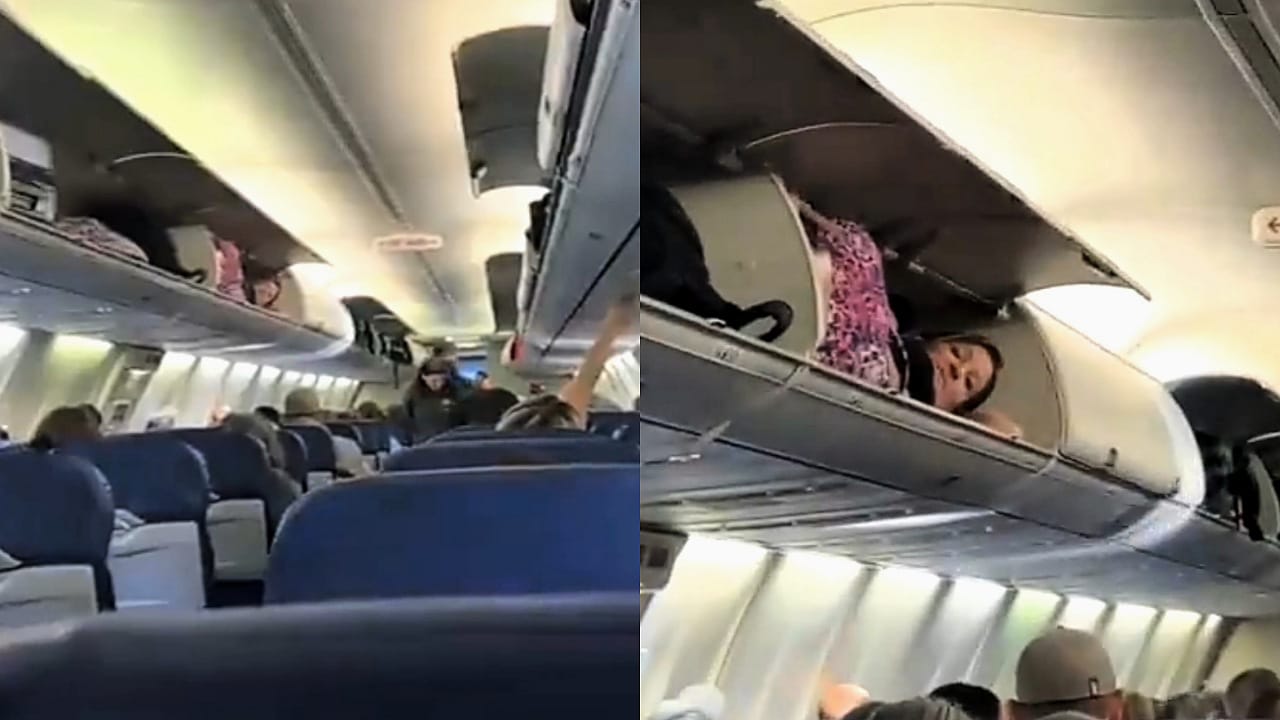 بسبب ضيق المقاعد .. فتاة تنام في مخزن الحقائب بالطائرة&#8230; فيديو