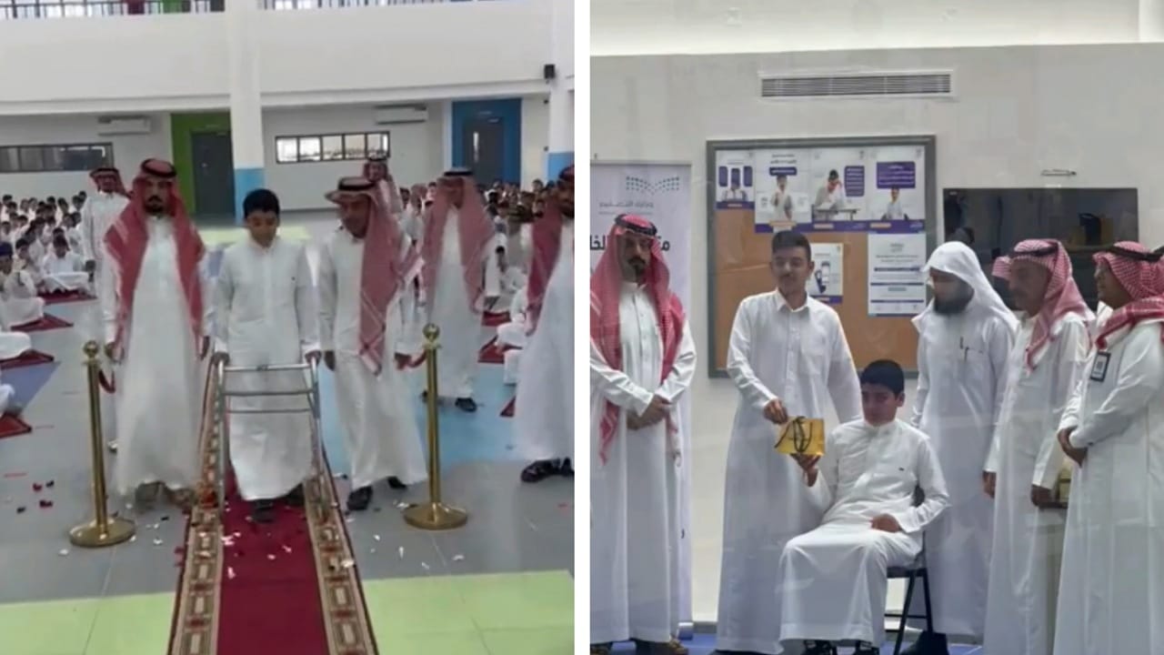 بعد إصابته ووفاة أسرته .. مشهد مؤثر لاستقبال طالب بأحد مدارس الرياض .. فيديو