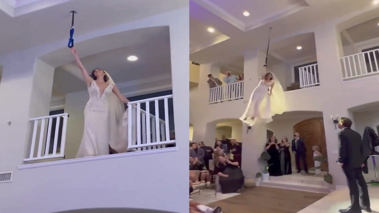 فتاة تقرر النزول لحفل زفافها بطريقة غير اعتيادية.. فيديو