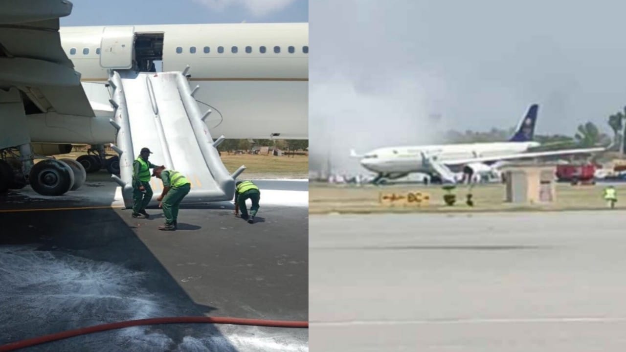 طائرة الخطوط السعودية تتعرض لحريق أثناء هبوطها في مطار بشاور .. فيديو