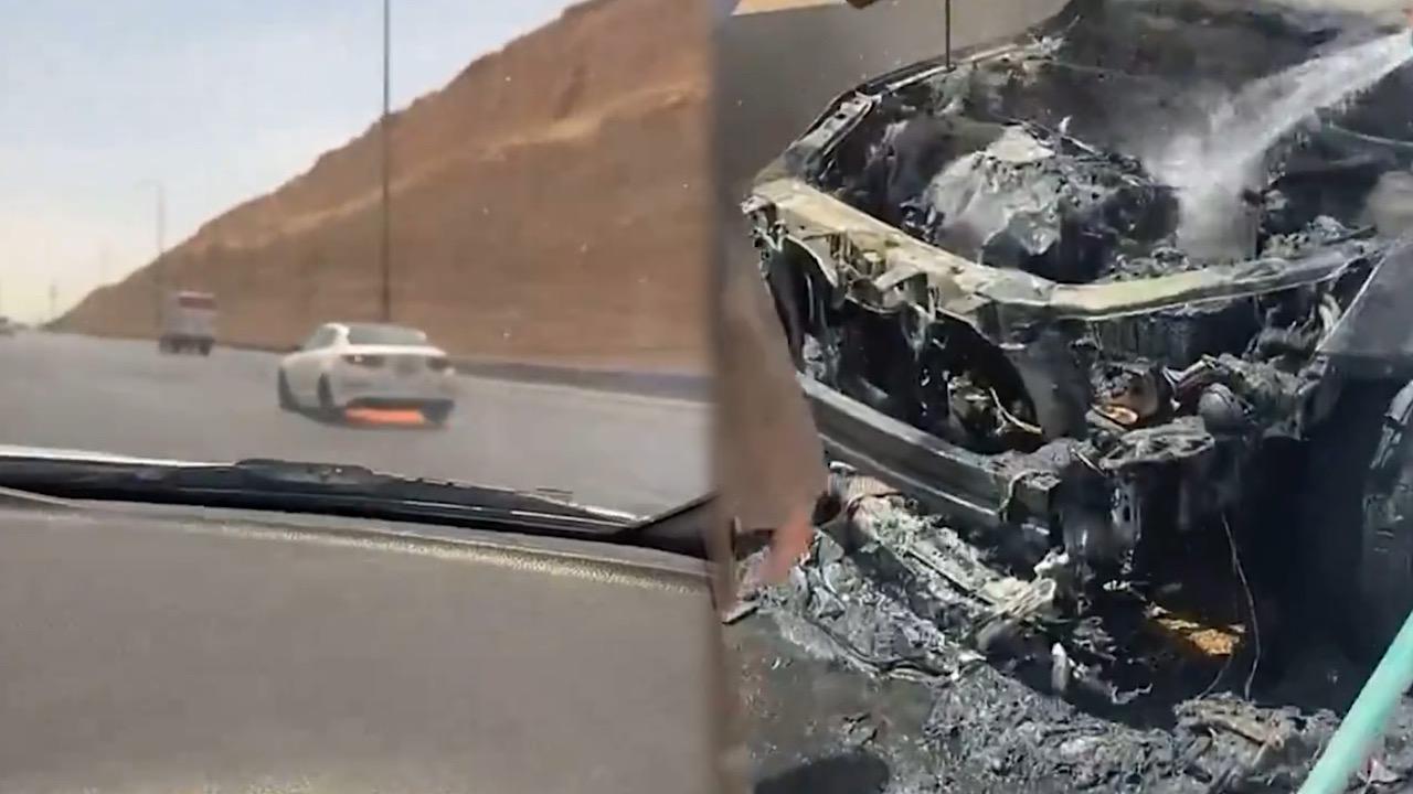 مشهد يحبس الأنفاس لسيارة تحترق أثناء سيرها على طريق سريع .. فيديو